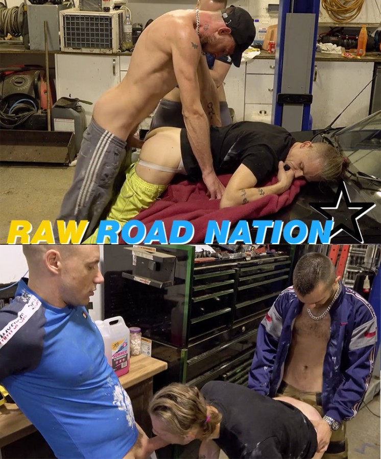 RawRoadNation - 4 Greasy Monkeys Use Sluts Hole And Leave Him Dripping