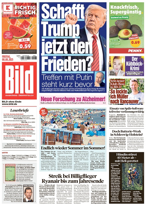 Bild Zeitung vom 08. August 2025 Bild Zeitung vom 08. August 2025